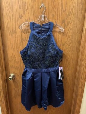 Poly USA Navy Beaded Halter-Top Prom Dress. XL